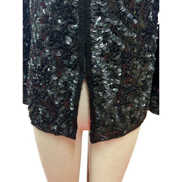 Vintage Laurence Kazar Black Sequined Long-Sleeve Jacket Blazer Evening Coat For - Picture 3 of 13
